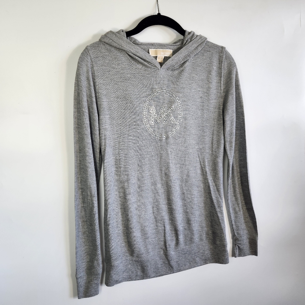 Michael Kors Sweater Womens Size S Gray Bedazzled Logo Long Sleeve Pullover